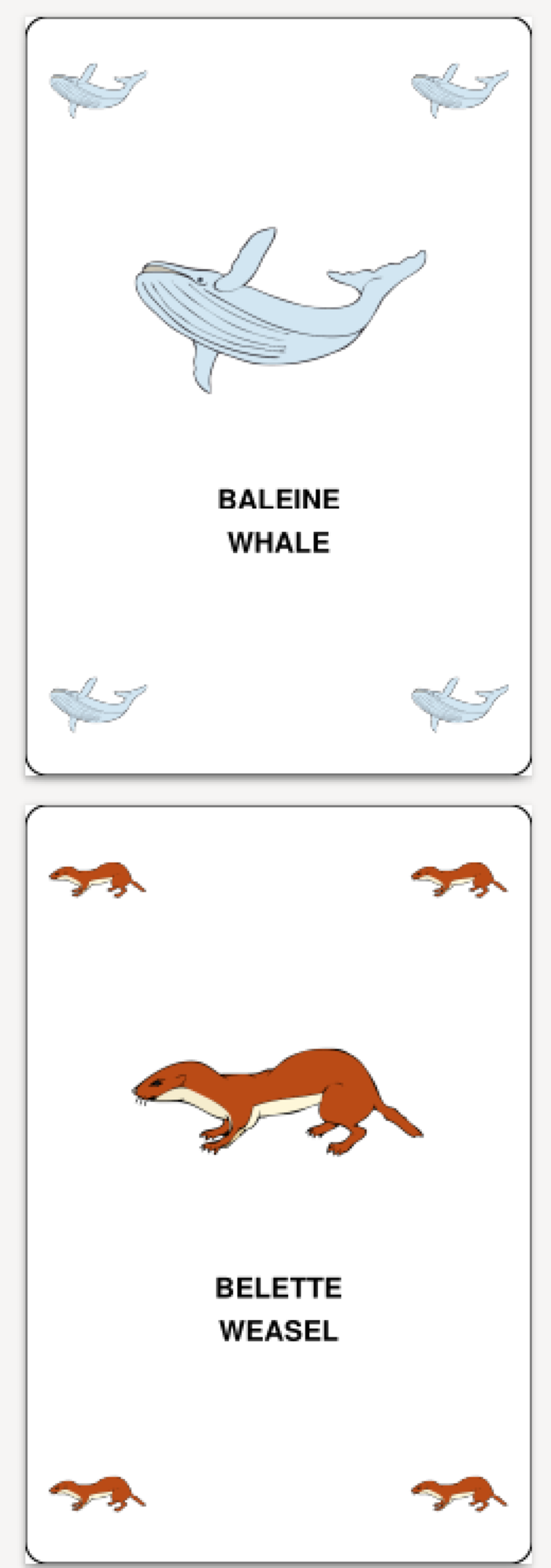 Exemple de cartes de memory générées automatiquement par Jolicours, avec une baleine et une belette